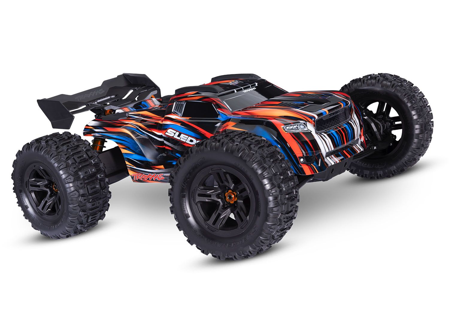 TRAXXAS 95096-4 Sledge® 1/8 scale 4WD brushless monster truck. Fully assembled, RTR, with TQi™ 2.4GHz radio system, VXL-6s™ power system, belted Sledgehammer® tires, and ProGraphix® clipless body.