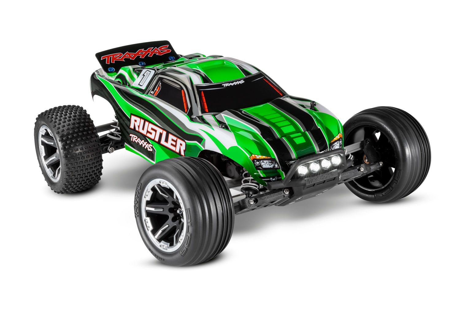 TRAXXAS 37054-61 Rustler 1/10 scale waterproof stadium truck. RTR with TQ 2.4GHz radio, XL-5® ESC, 8.4V NiMH 3000mAh battery, 4-amp DC Charger, and LED lighting