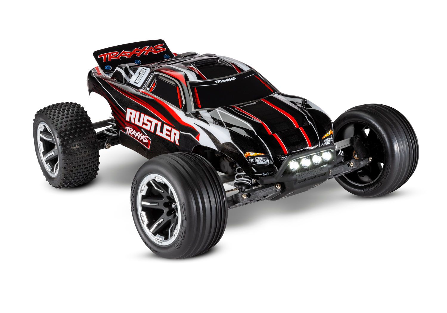 TRAXXAS 37054-61 Rustler 1/10 scale waterproof stadium truck. RTR with TQ 2.4GHz radio, XL-5® ESC, 8.4V NiMH 3000mAh battery, 4-amp DC Charger, and LED lighting