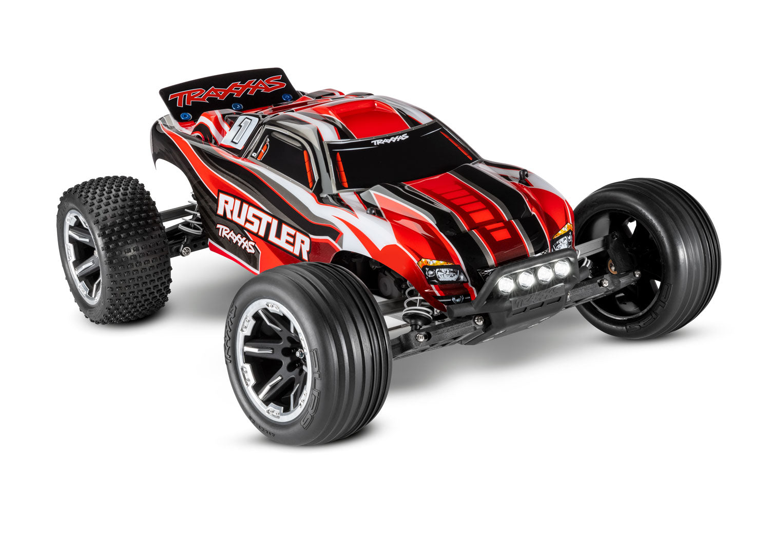 TRAXXAS 37054-61 Rustler 1/10 scale waterproof stadium truck. RTR with TQ 2.4GHz radio, XL-5® ESC, 8.4V NiMH 3000mAh battery, 4-amp DC Charger, and LED lighting