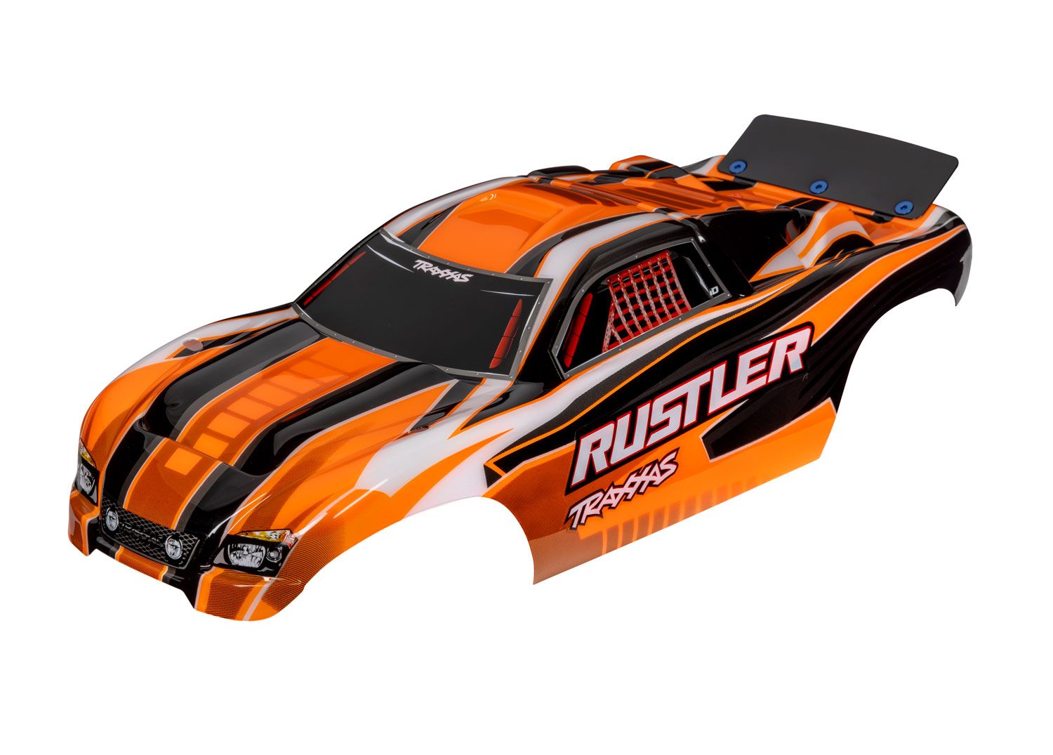 TRAXXAS 3750T Body, Rustler® (also fits Rustler® VXL), orange (painted, decals applied, assembled with wing)