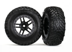 TRAXXAS 5889 Tires & wheels, assembled, glued (SCT Split-Spoke black, satin chrome beadlock style wheel, dual profile (2.2" outer, 3.0" inner), SCT off-road racing tires, foam inserts) (2) 4WD front /rear 2WD Rear TSM rated