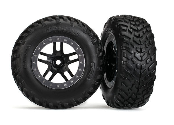 TRAXXAS 5890 Tires & wheels, assembled, glued (SCT Split-Spoke black, satin chrome beadlock style wheels, dual profile (2.2' outer, 3.0' inner), SCT off-road racing tires, foam inserts) (2) (2WD front)