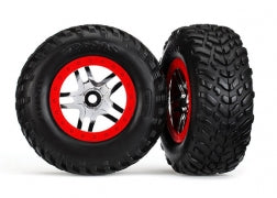 TRAXXAS 6891R Tires & wheels, assembled, glued S1 compound SCT Split-Spoke chrome, red beadlock style wheels, dual profile 2.2" outer, 3.0" inner SCT off-road racing tires, foam inserts (2) 4WD front / rear 2WD rear TSM rated