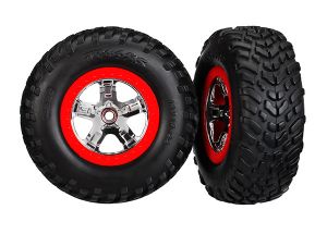 TRAXXAS 5888 Tires & wheels assembled, glued SCT chrome wheels, red beadlock style, dual profile 2.2 outer, 3.0 inner SCT off-road racing tires, foam inserts (2) 2wd front