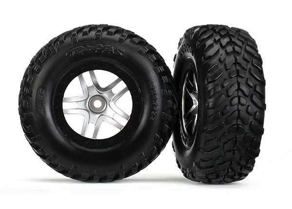 TRAXXAS 6892 Tires & wheels, assembled, glued (SCT Split-Spoke satin chrome, black beadlock style wheels, dual profile (2.2" outer, 3.0" inner), SCT off-road racing tires, foam inserts) (2) (4WD f/r, 2WD rear) (TSM rated)